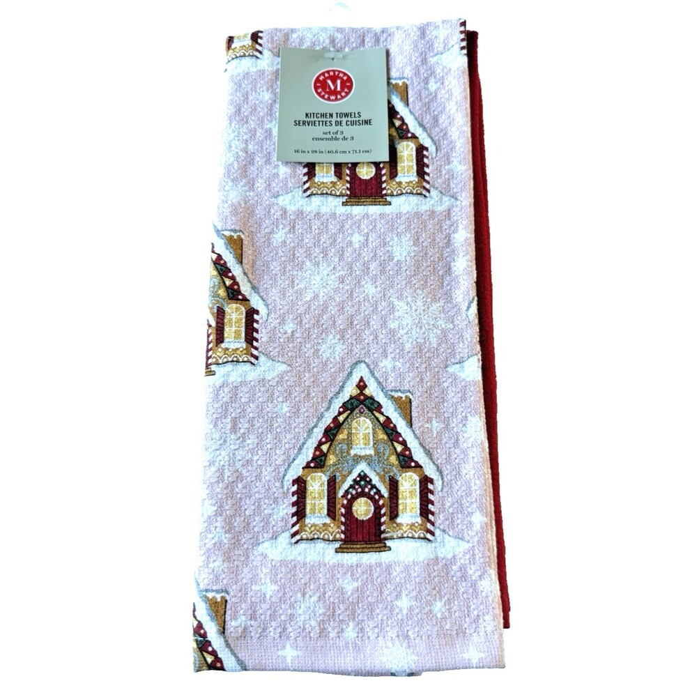 Martha Stewart Christmas Gingerbread House Dish Kitchen Towels Set of 3 Red Pink